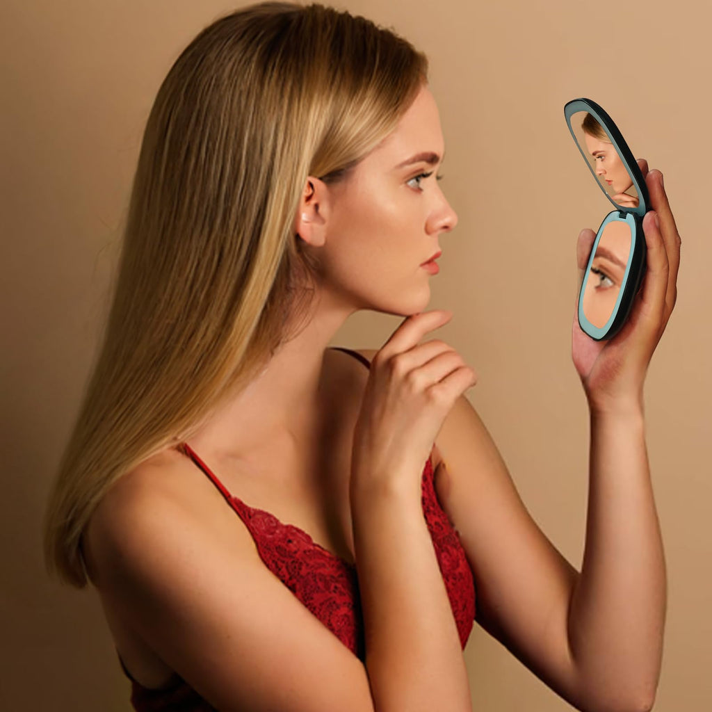 Qidoe Compact Travel Makeup Mirror – 1x/10x Magnification, Dimmable USB-C Rechargeable