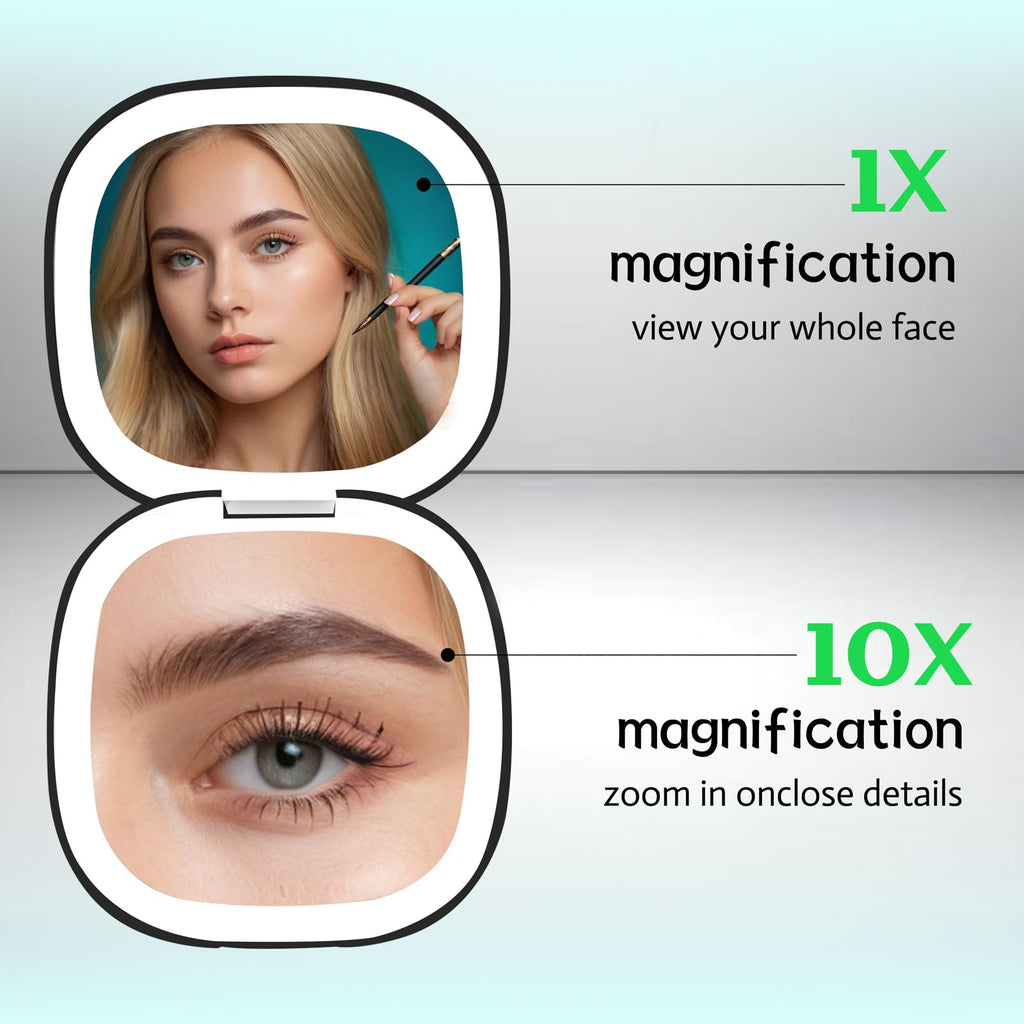 Qidoe Compact Travel Makeup Mirror – 1x/10x Magnification, Dimmable USB-C Rechargeable