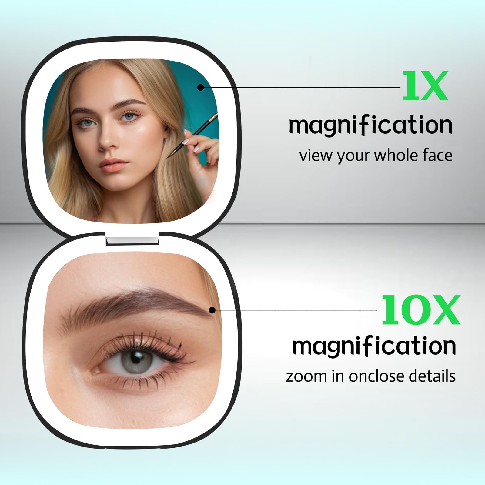 Qidoe Compact Travel Makeup Mirror – 1x/10x Magnification, Dimmable USB-C Rechargeable