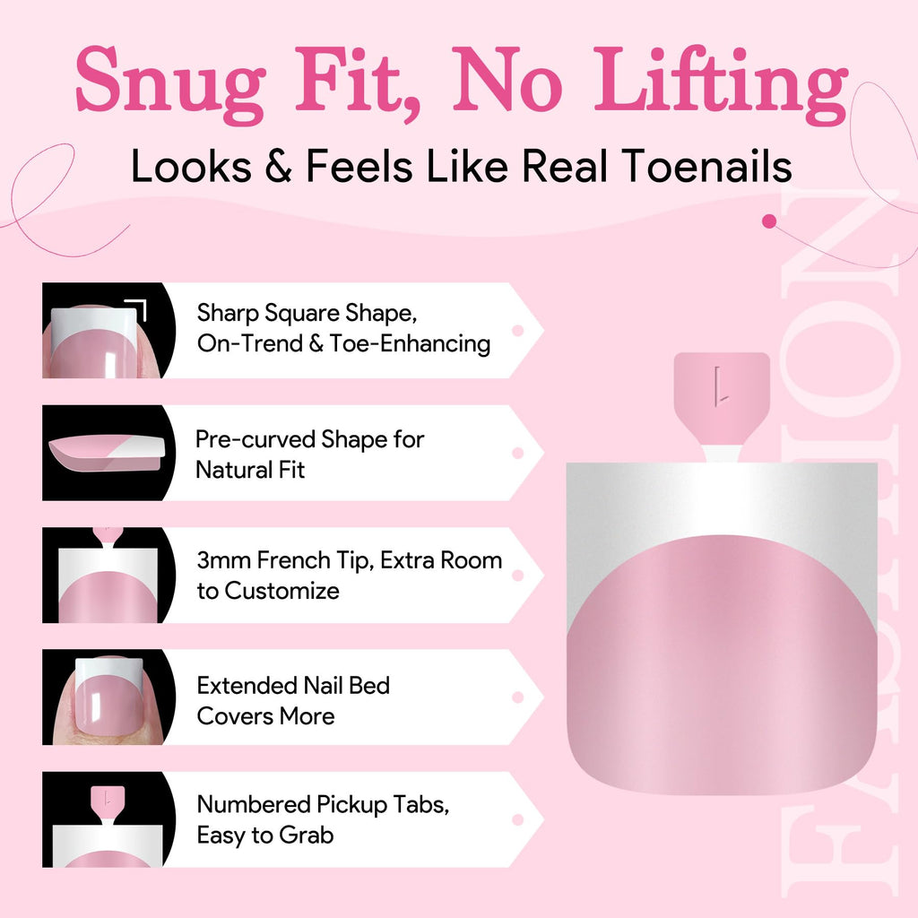 QIEK Press-On Toenails for Women – Baby Pink French Tips, 15 Sizes, 270 Pcs