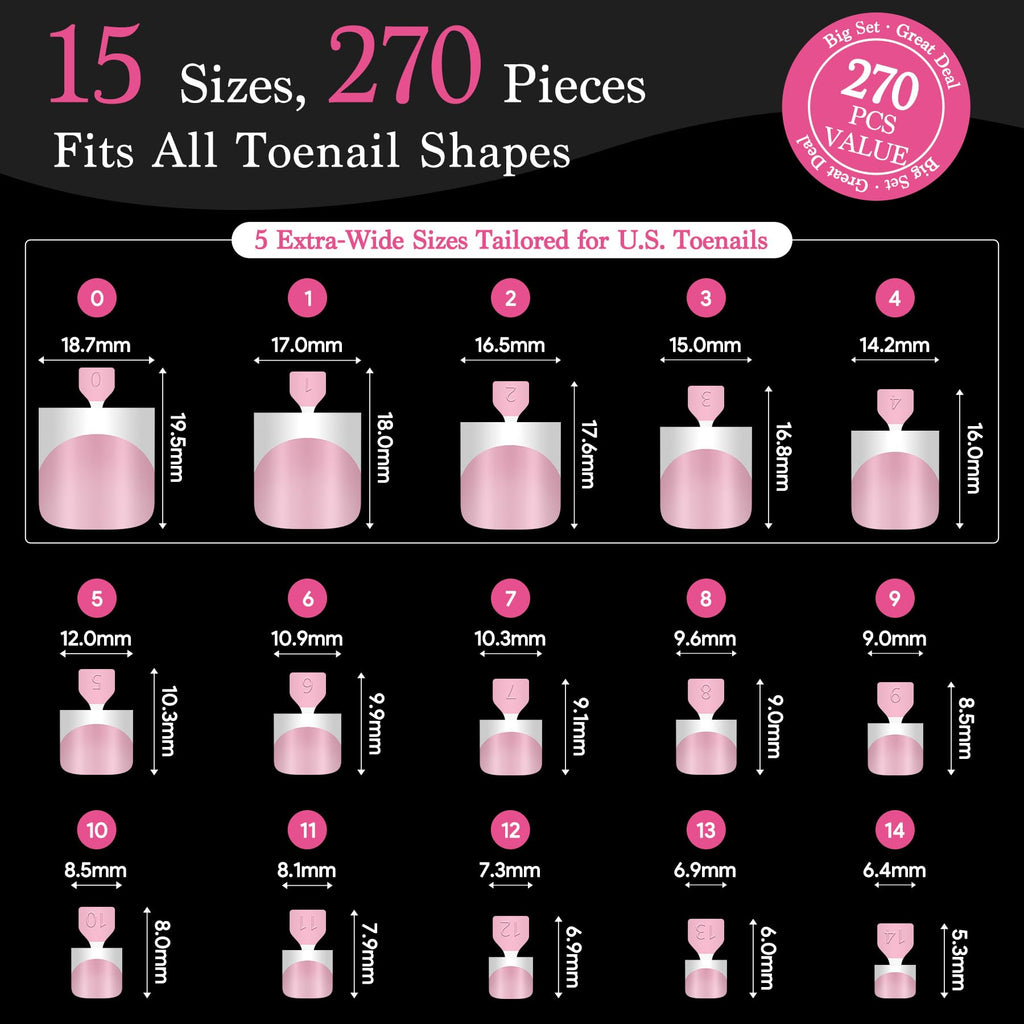 QIEK Press-On Toenails for Women – Baby Pink French Tips, 15 Sizes, 270 Pcs