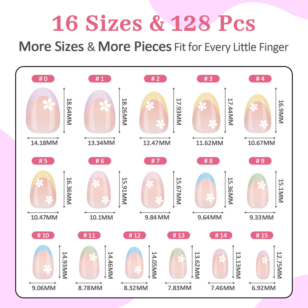 QIEK Kids Press-On Nails – 128 Pcs, 16 Sizes, Almond Shape, Floral Design, Jelly Tabs & Glue (4-Pack)