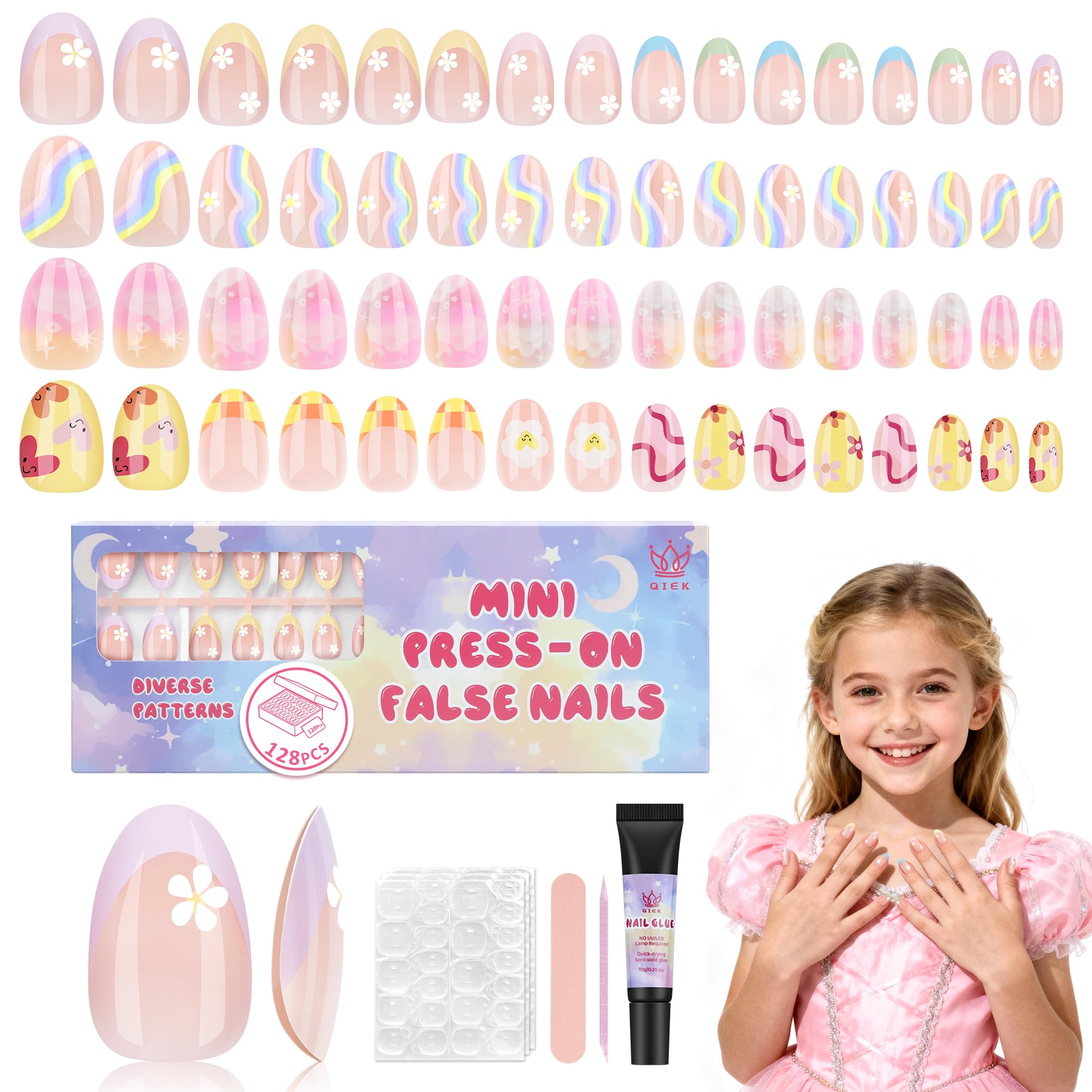 QIEK Kids Press-On Nails – 128 Pcs, 16 Sizes, Almond Shape, Floral Design, Jelly Tabs & Glue (4-Pack)