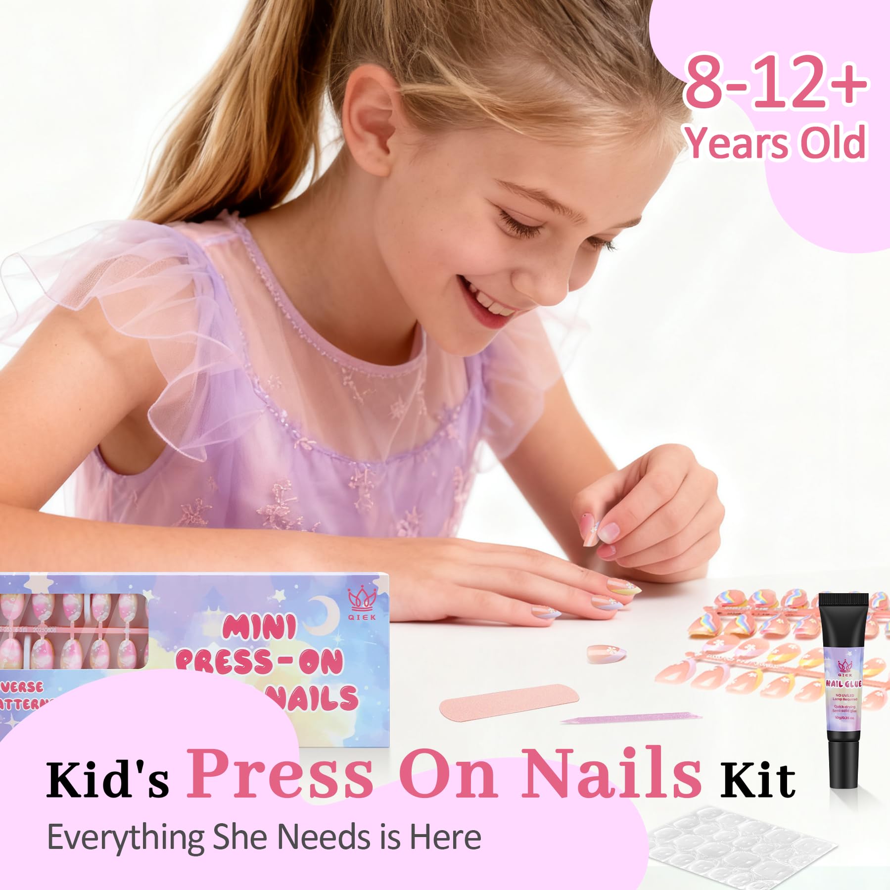 QIEK Kids Press-On Nails – 128 Pcs, 16 Sizes, Almond Shape, Floral Design, Jelly Tabs & Glue (4-Pack)