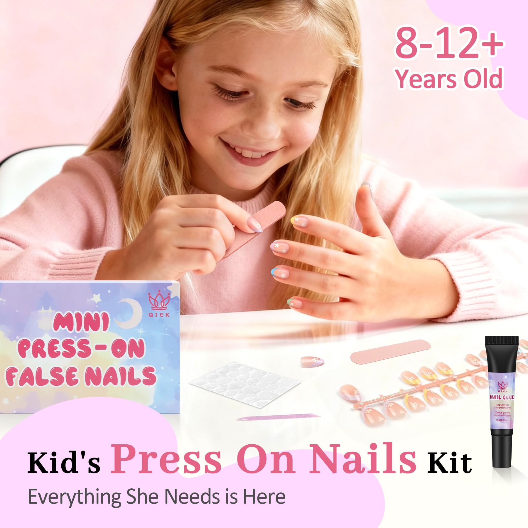 QIEK Kids Press-On Nails Kit — 128 Nails, 16 Sizes, Jelly Tabs + Glue, Floral Almond Tips