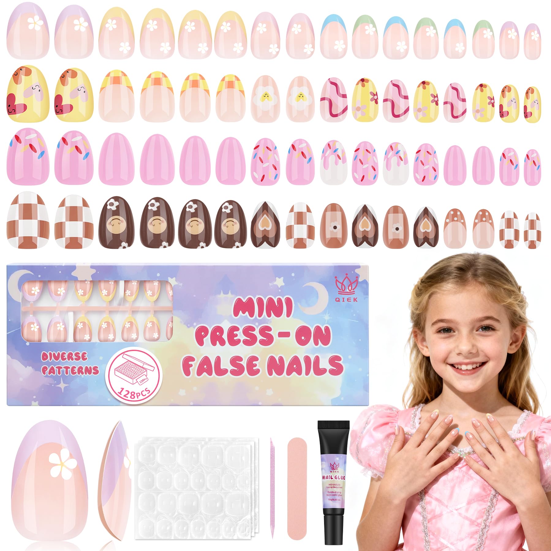 QIEK Kids Press-On Nails Kit — 128 Nails, 16 Sizes, Jelly Tabs + Glue, Floral Almond Tips