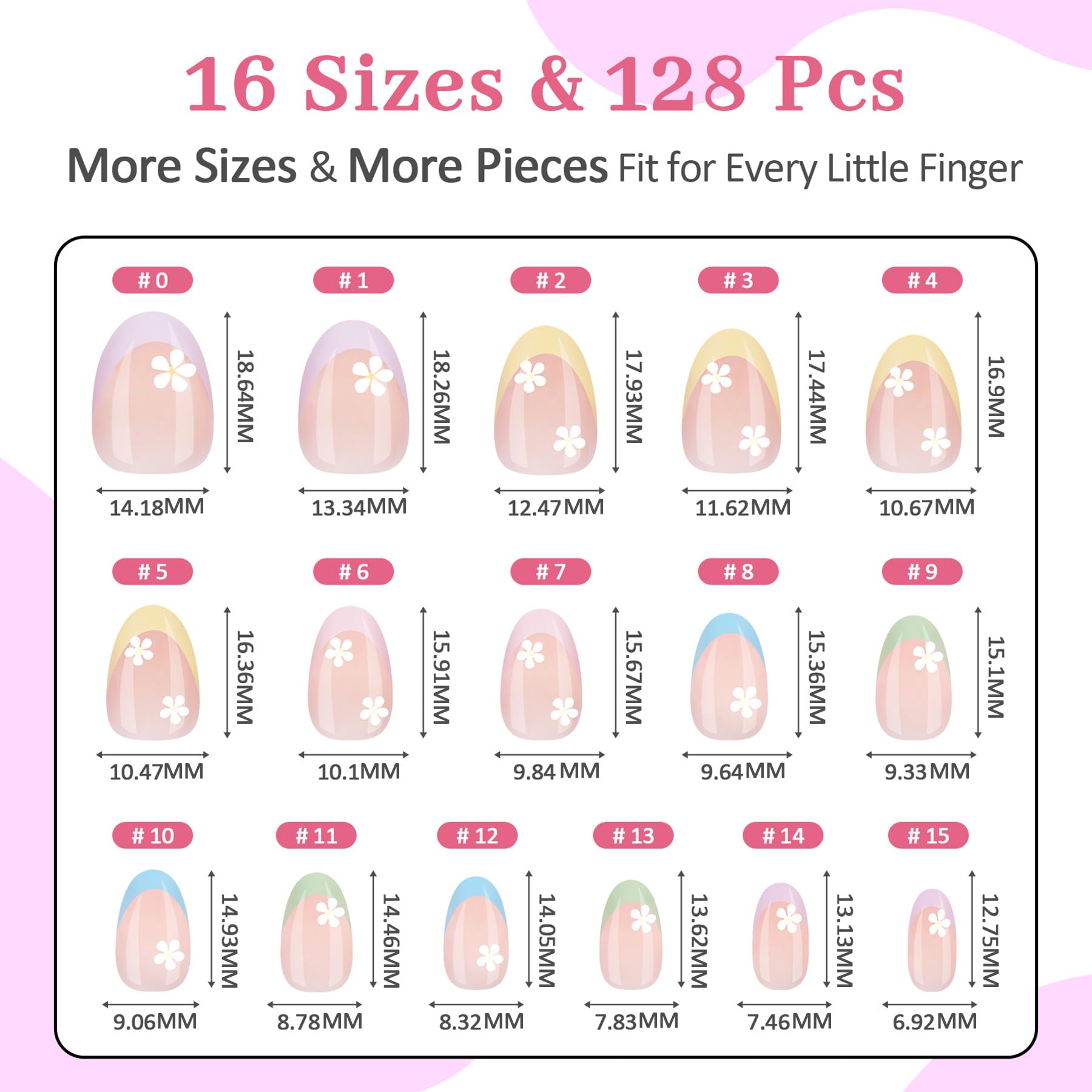 QIEK Kids Press-On Nails Kit — 128 Nails, 16 Sizes, Jelly Tabs + Glue, Floral Almond Tips