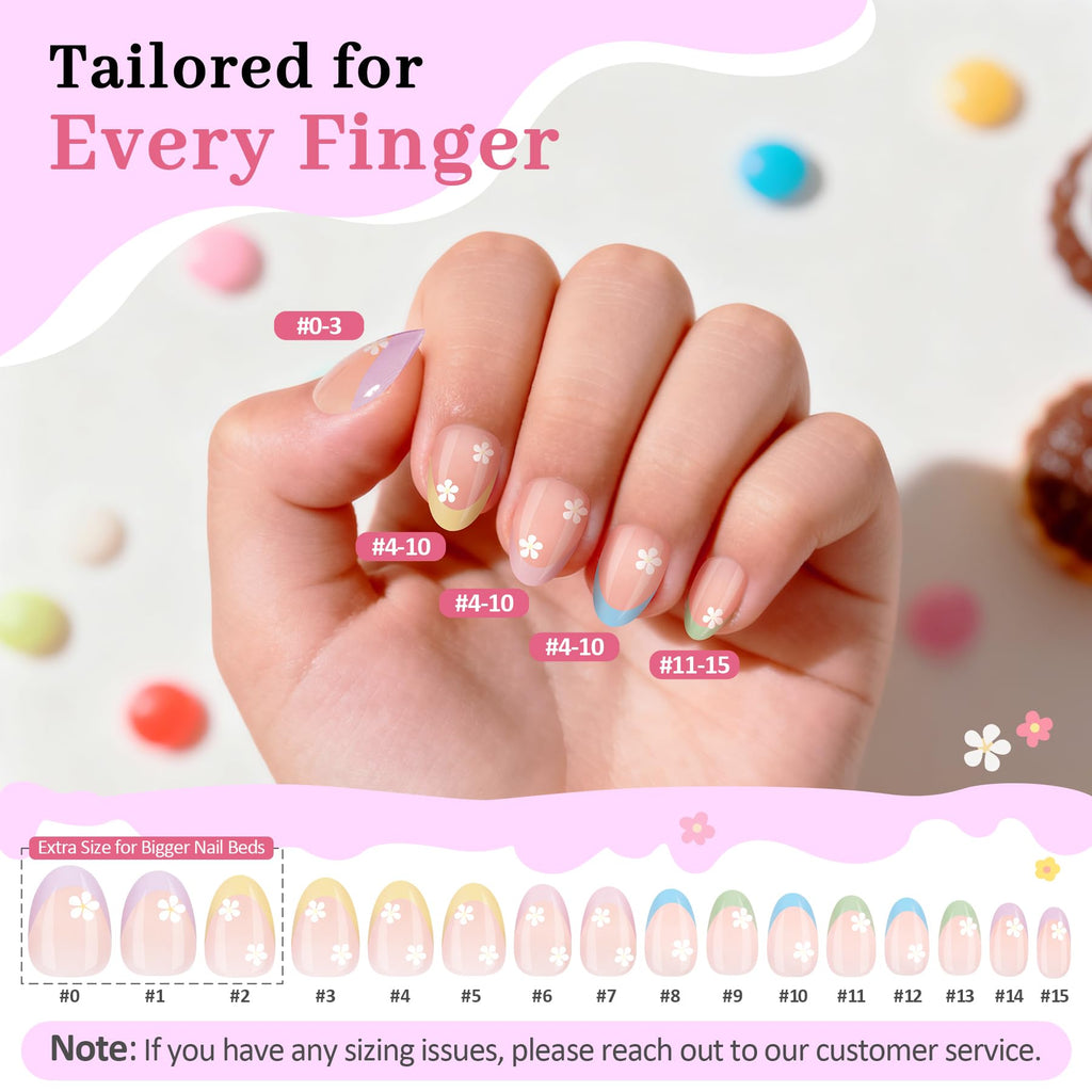 QIEK Kids Press-On Nails Kit — 128 Nails, 16 Sizes, Jelly Tabs + Glue, Floral Almond Tips