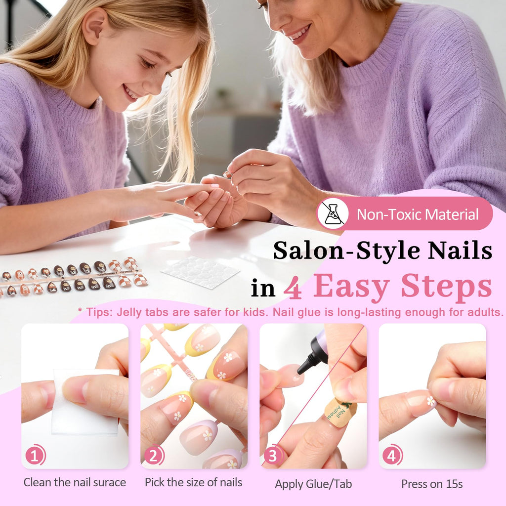 QIEK Kids Press-On Nails Kit — 128 Nails, 16 Sizes, Jelly Tabs + Glue, Floral Almond Tips
