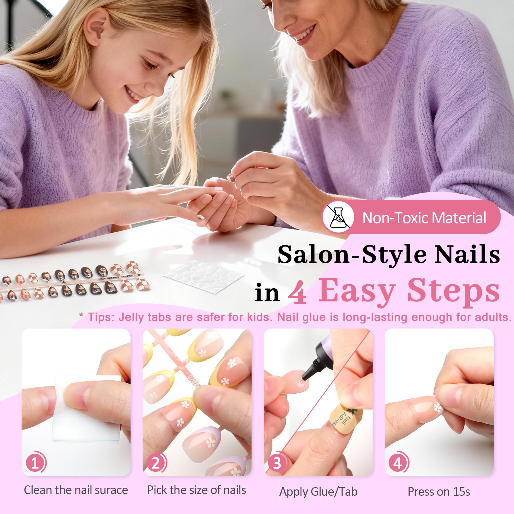 QIEK Kids Press-On Nails Kit — 128 Nails, 16 Sizes, Jelly Tabs + Glue, Floral Almond Tips