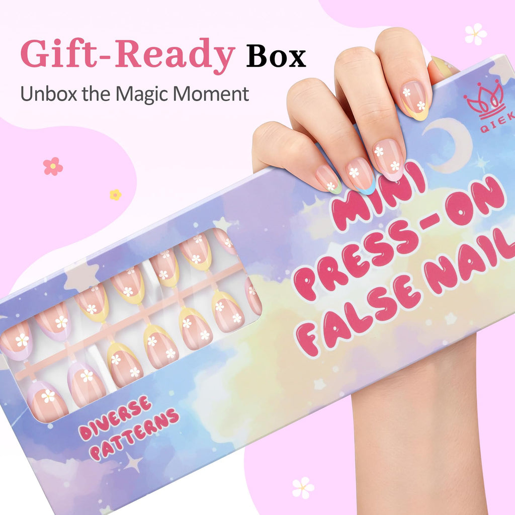 QIEK Kids Press-On Nails Kit — 128 Nails, 16 Sizes, Jelly Tabs + Glue, Floral Almond Tips