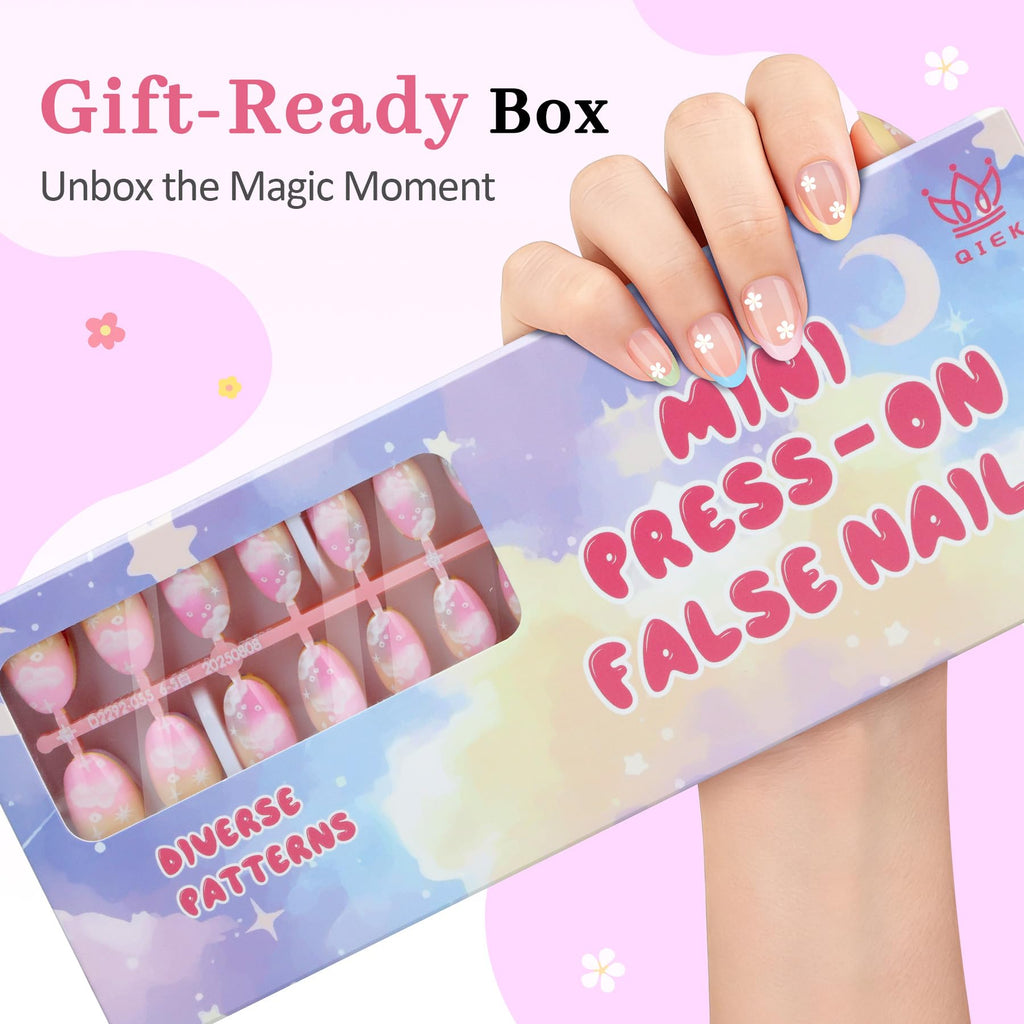 QIEK Kids Press-On Nails – 128 Pcs, 16 Sizes, Almond Shape, Floral Design, Jelly Tabs & Glue (4-Pack)