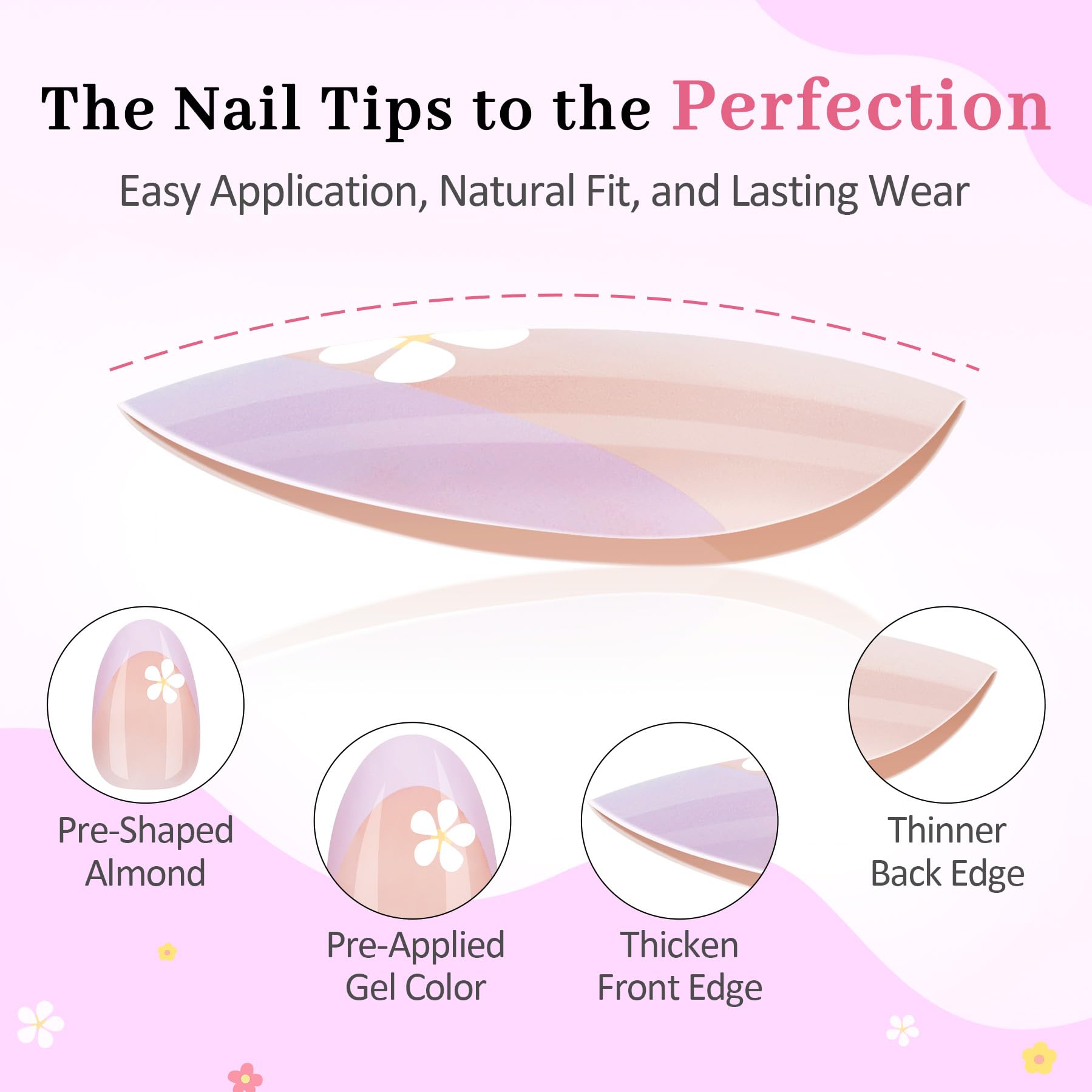 QIEK Kids Press-On Nails – 128 Pcs, 16 Sizes, Almond Shape, Floral Design, Jelly Tabs & Glue (4-Pack)