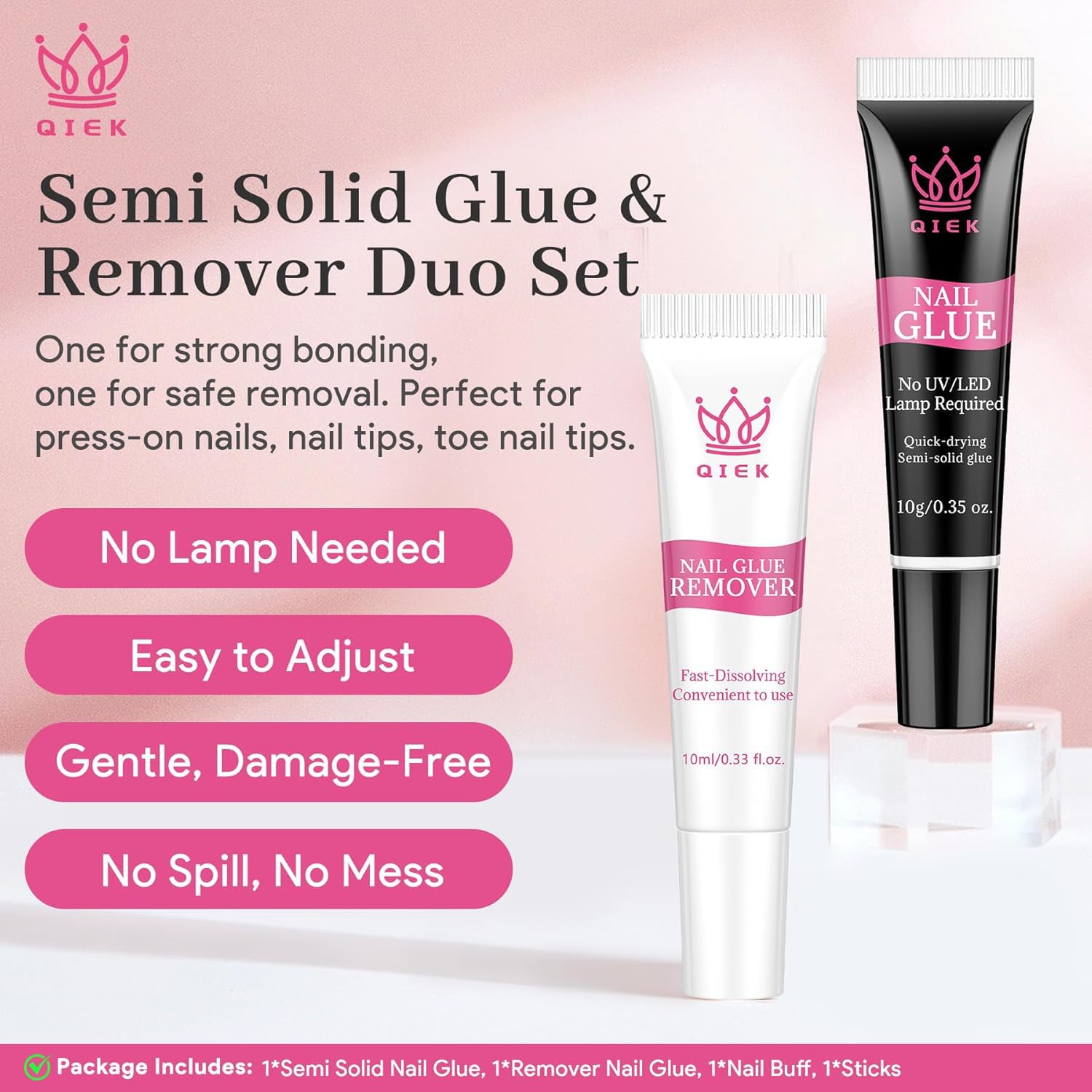 QIEK No-Lamp Nail Glue & Remover Set – Quick-Dry 10ml, Up to 28 Days Hold, 10g Remover