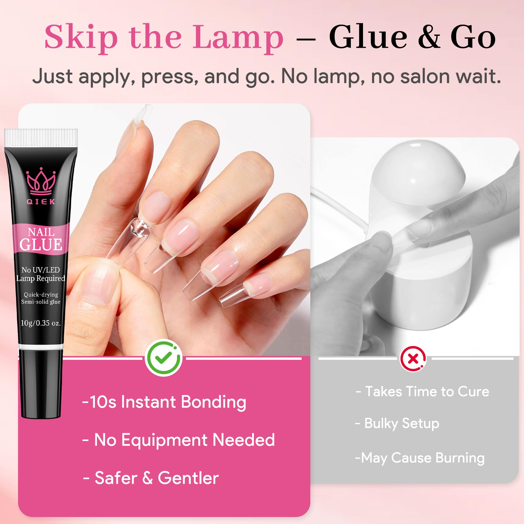 QIEK No-Lamp Nail Glue & Remover Set – Quick-Dry 10ml, Up to 28 Days Hold, 10g Remover
