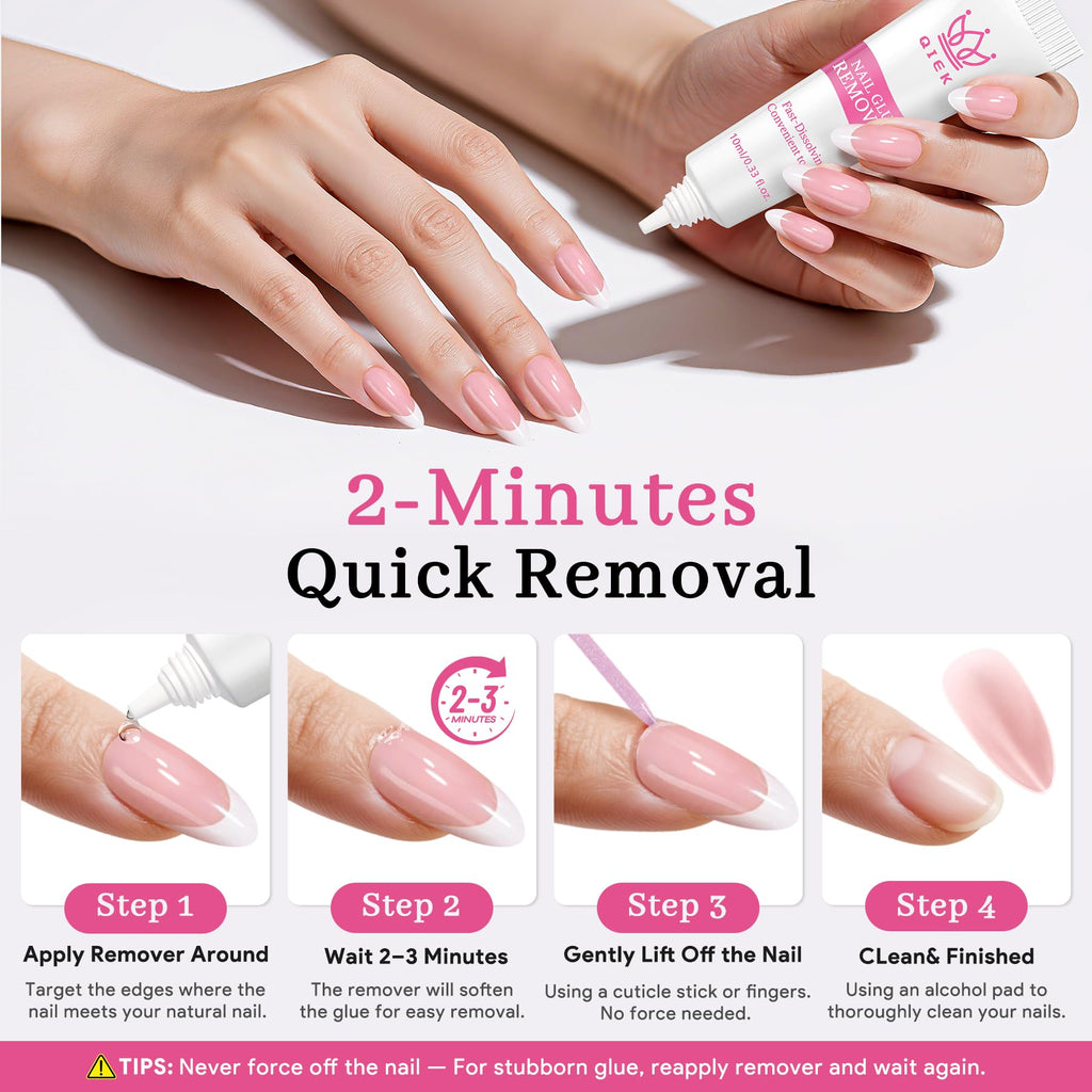 QIEK No-Lamp Nail Glue & Remover Set – Quick-Dry 10ml, Up to 28 Days Hold, 10g Remover