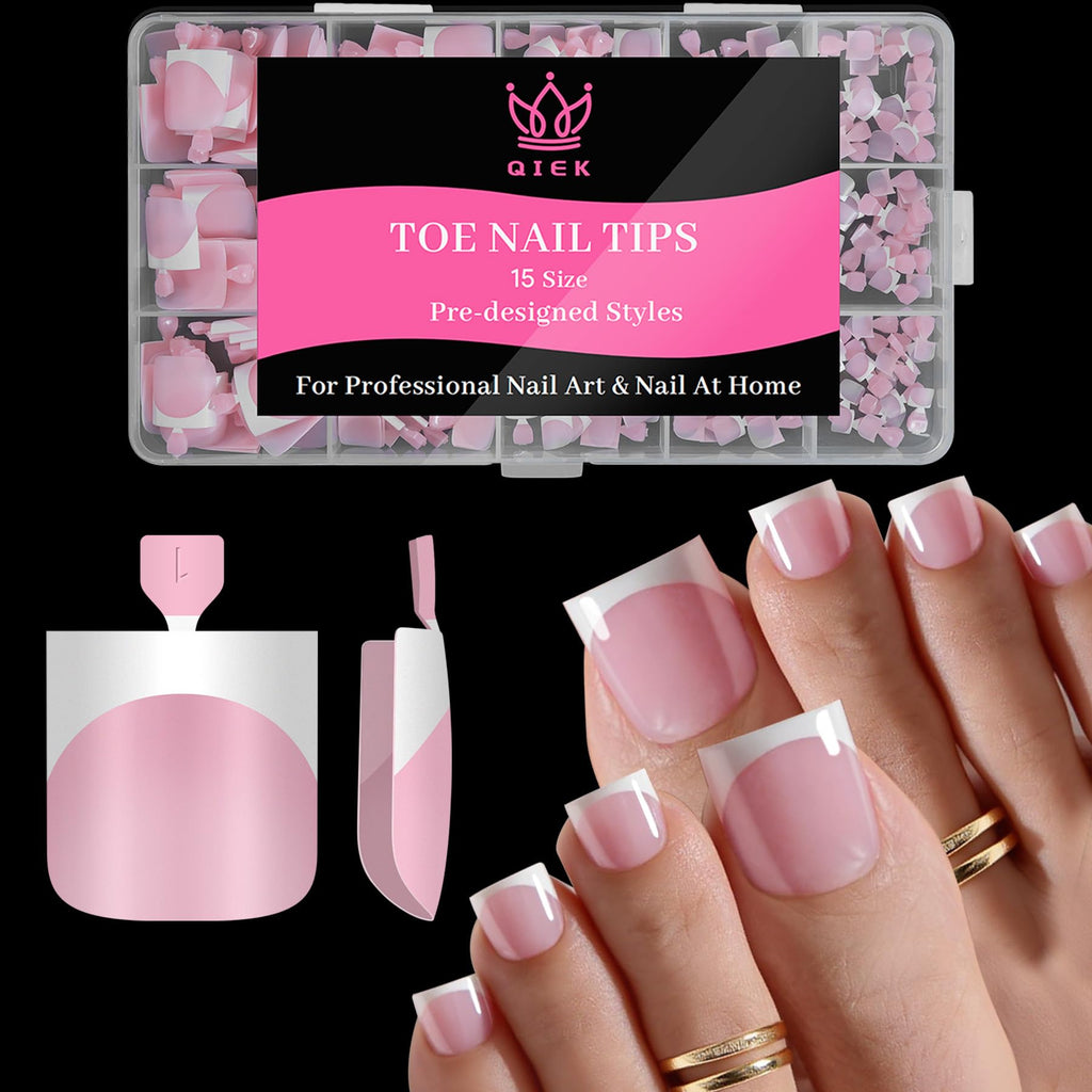 QIEK Press-On Toenails for Women – Baby Pink French Tips, 15 Sizes, 270 Pcs