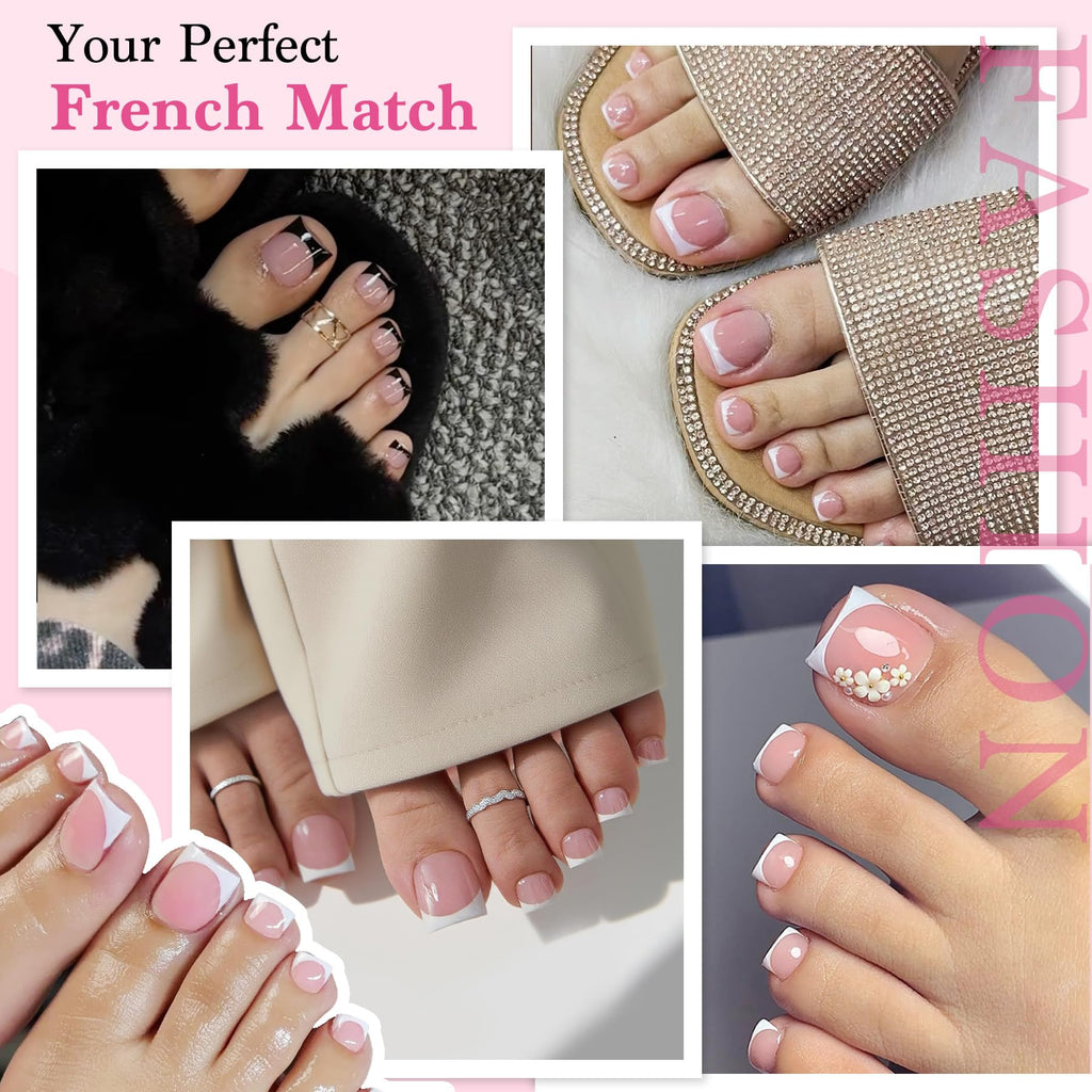 QIEK Press-On Toenails for Women – Baby Pink French Tips, 15 Sizes, 270 Pcs
