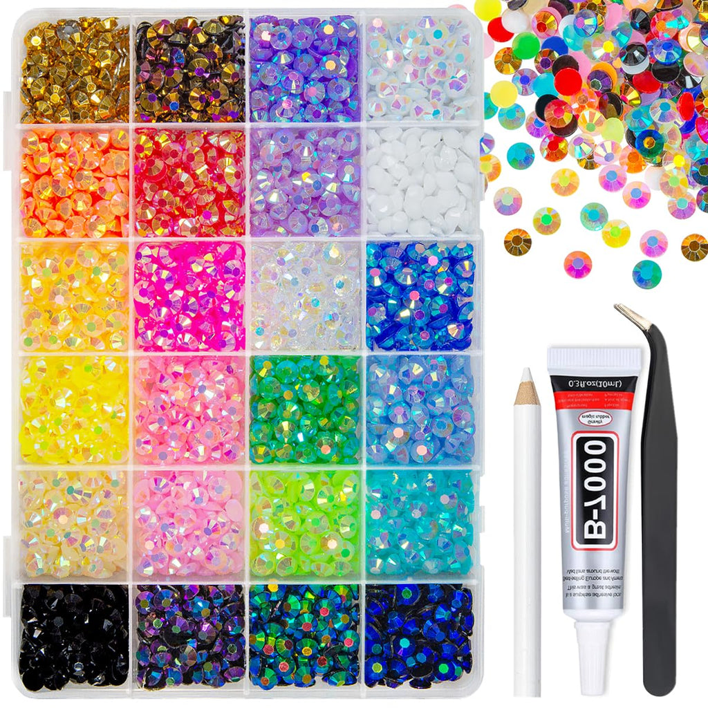 qiipii 24 Color 6mm Jelly Resin Rhinestones with B7000 Glue – Colorful Flatback Gems for Crafts