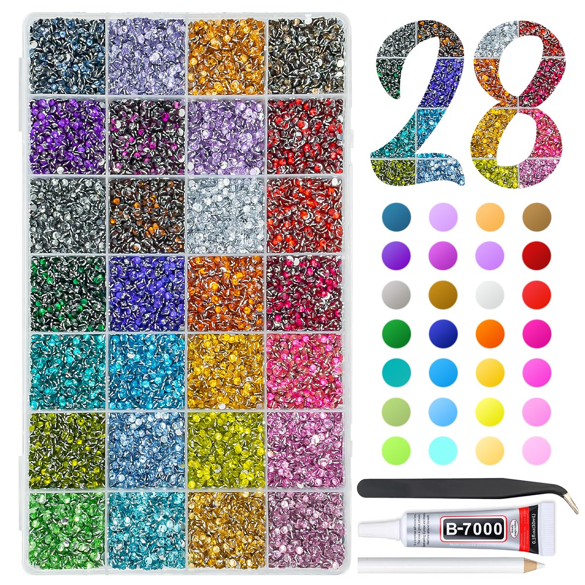 qiipii 28-Color 3mm Crystal Resin Rhinestones with B7000 Glue – Flatback SS10 for Nails, Eyes, Face, Crafts
