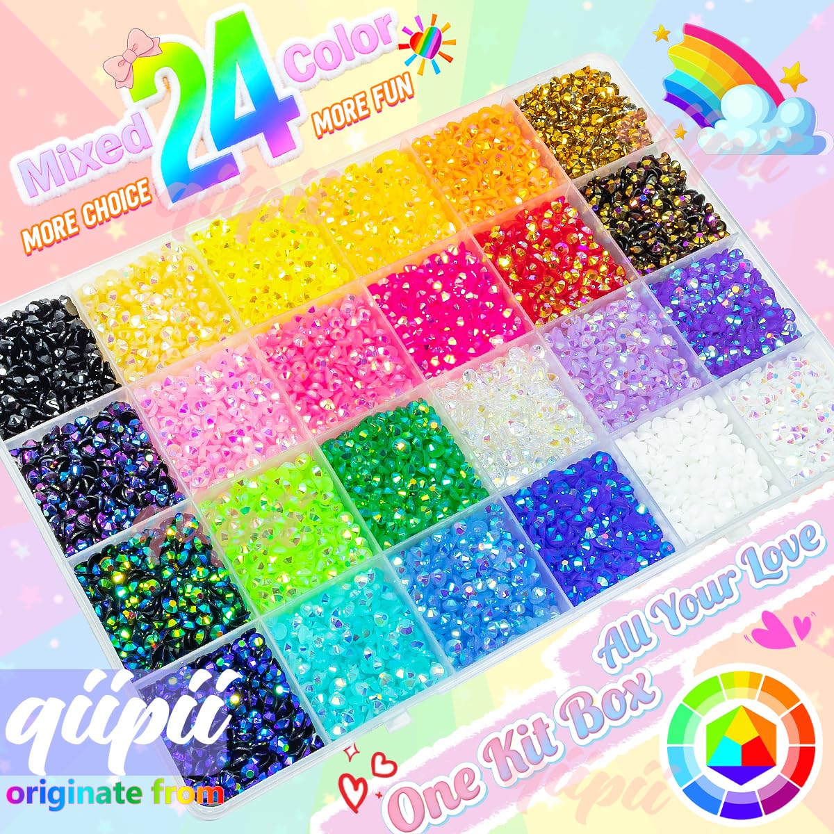 qiipii 24 Color Jelly Resin Rhinestones – 7200pcs, 4mm Flatback AB Gems for DIY Crafts