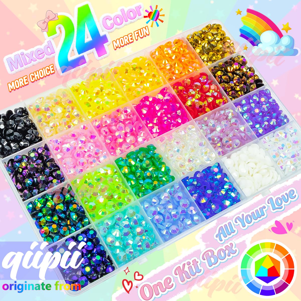 qiipii 24 Color 6mm Jelly Resin Rhinestones with B7000 Glue – Colorful Flatback Gems for Crafts