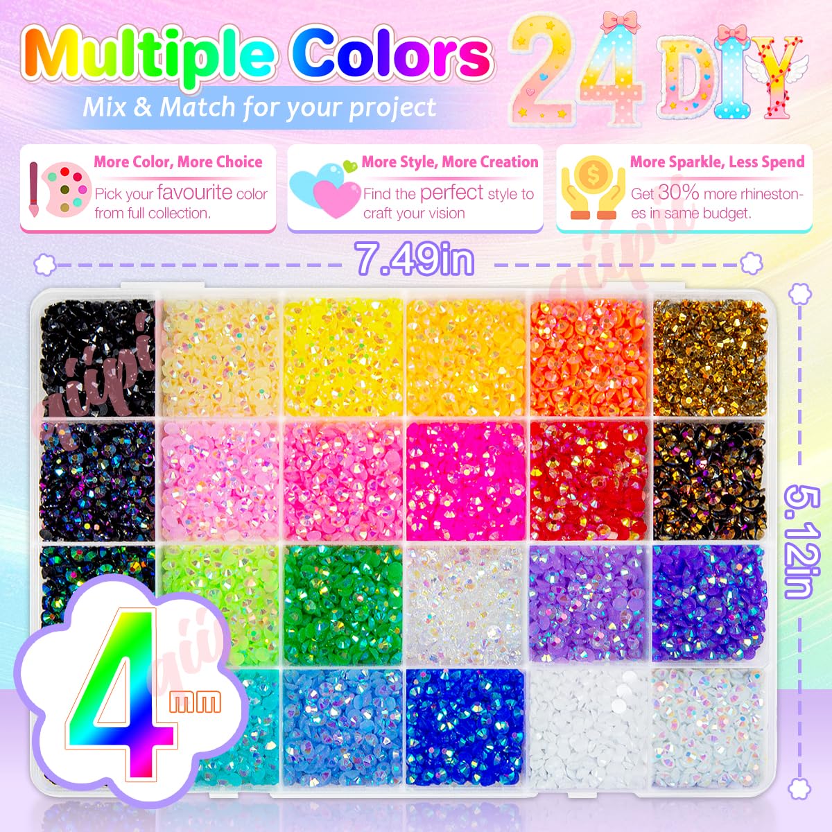 qiipii 24 Color Jelly Resin Rhinestones – 7200pcs, 4mm Flatback AB Gems for DIY Crafts