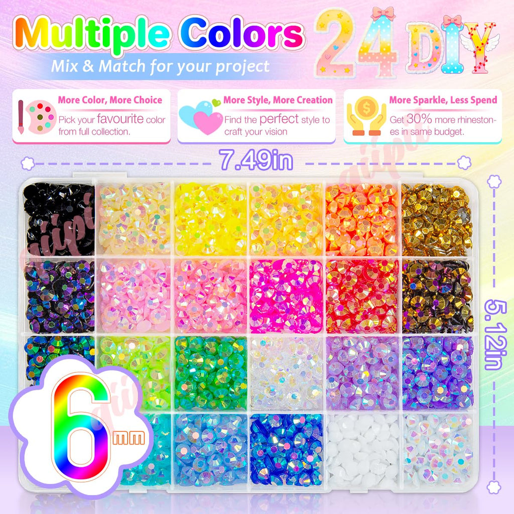 qiipii 24 Color 6mm Jelly Resin Rhinestones with B7000 Glue – Colorful Flatback Gems for Crafts