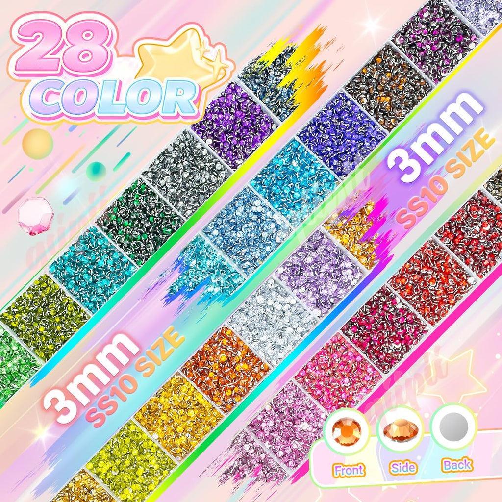 qiipii 28-Color 3mm Crystal Resin Rhinestones with B7000 Glue – Flatback SS10 for Nails, Eyes, Face, Crafts