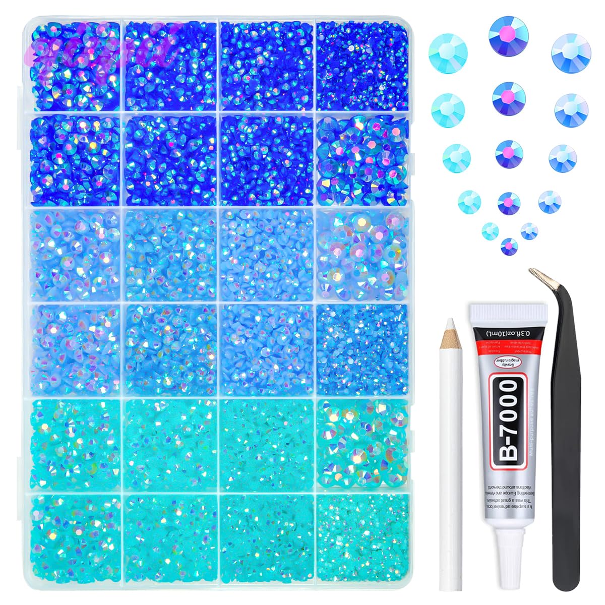 qiipii 3-Color Blue AB Jelly Resin Rhinestones (2–6mm) with B7000 Glue