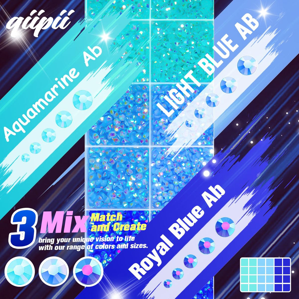 qiipii 3-Color Blue AB Jelly Resin Rhinestones (2–6mm) with B7000 Glue