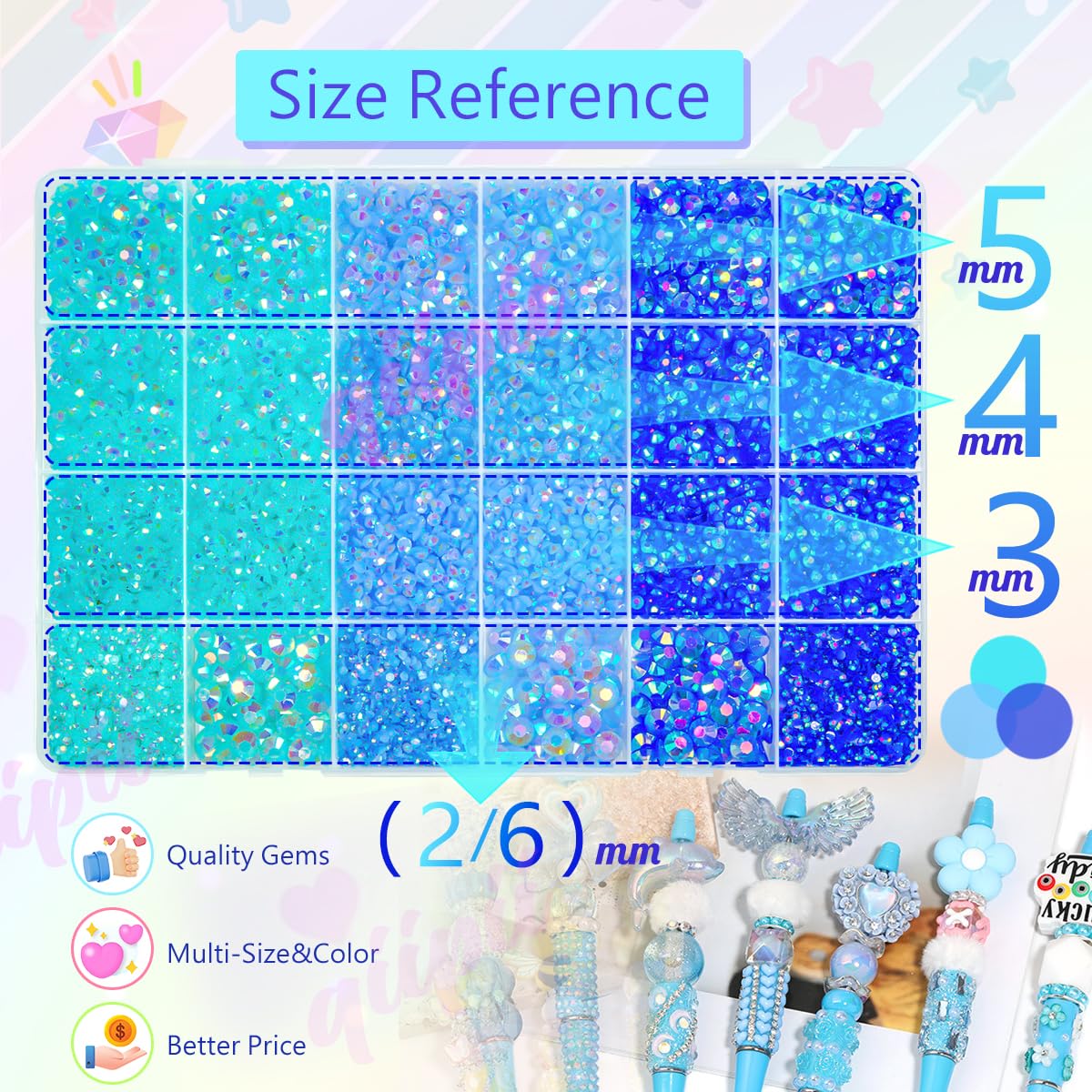 qiipii 3-Color Blue AB Jelly Resin Rhinestones (2–6mm) with B7000 Glue