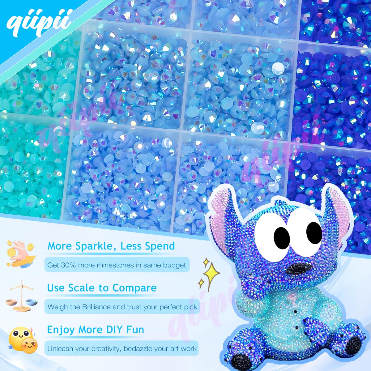 qiipii 3-Color Blue AB Jelly Resin Rhinestones (2–6mm) with B7000 Glue
