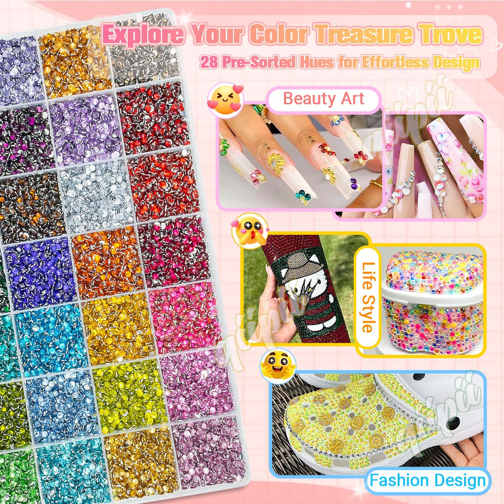 qiipii 28-Color 3mm Crystal Resin Rhinestones with B7000 Glue – Flatback SS10 for Nails, Eyes, Face, Crafts