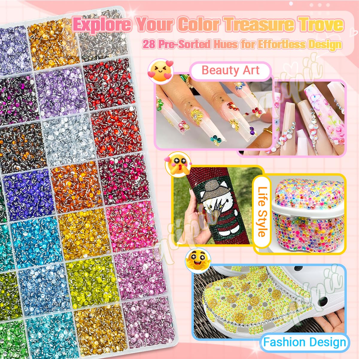 qiipii 28-Color 3mm Crystal Resin Rhinestones with B7000 Glue – Flatback SS10 for Nails, Eyes, Face, Crafts