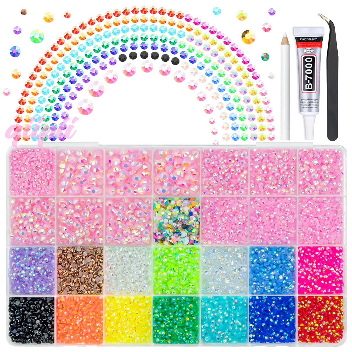qiipii Light Pink AB Resin Rhinestones Kit with B7000 Glue – 2mm-6mm Flatback Jelly Stones