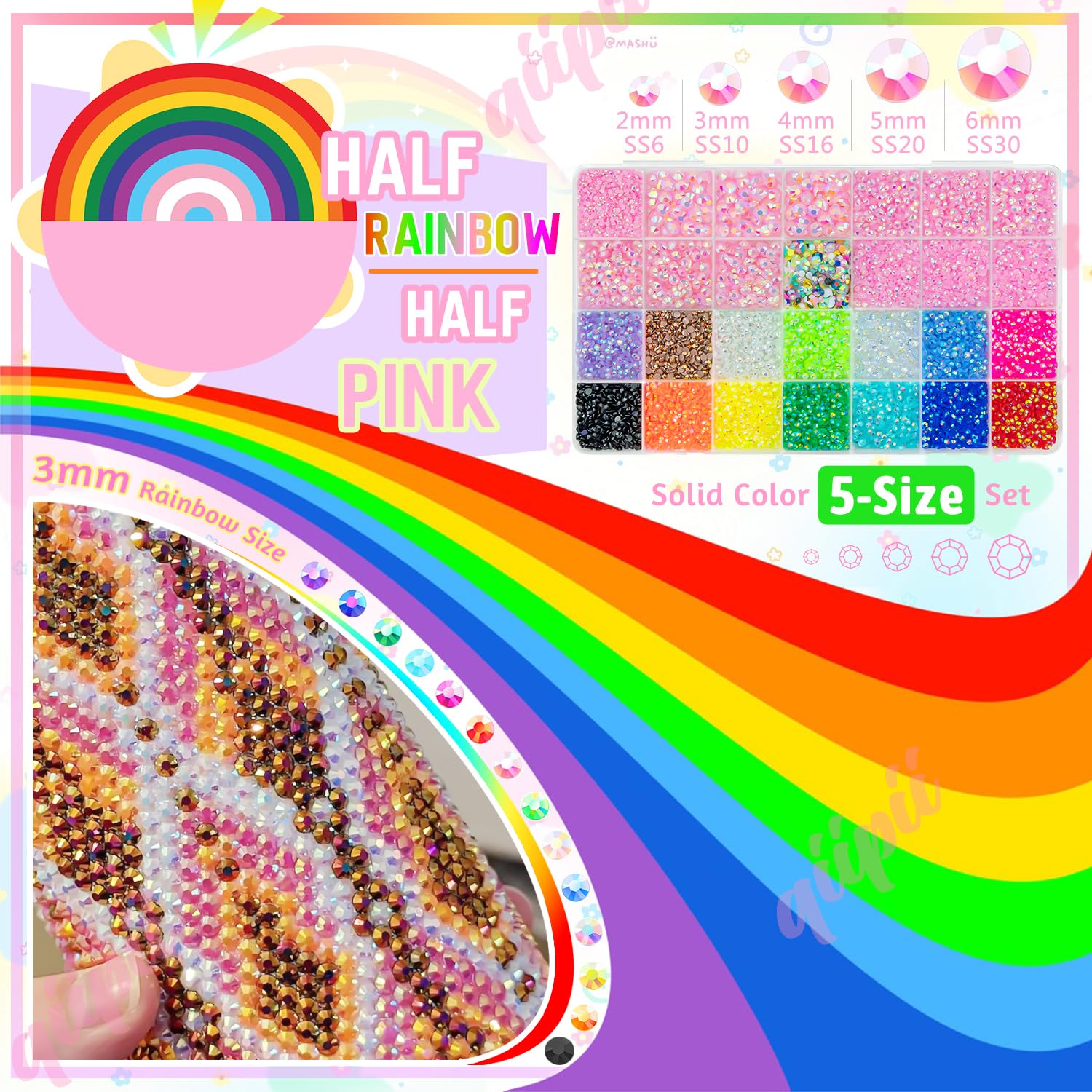 qiipii Light Pink AB Resin Rhinestones Kit with B7000 Glue – 2mm-6mm Flatback Jelly Stones