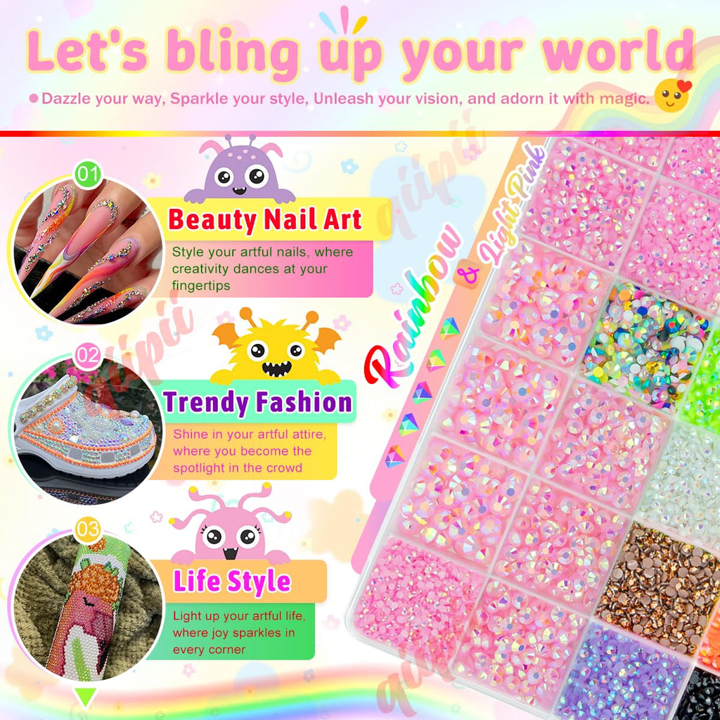 qiipii Light Pink AB Resin Rhinestones Kit with B7000 Glue – 2mm-6mm Flatback Jelly Stones