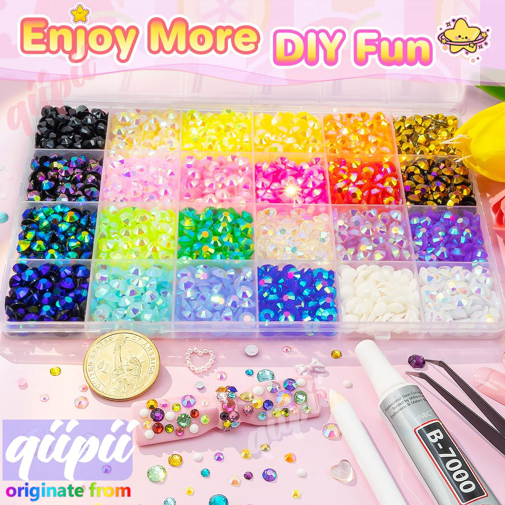 qiipii 24 Color 6mm Jelly Resin Rhinestones with B7000 Glue – Colorful Flatback Gems for Crafts