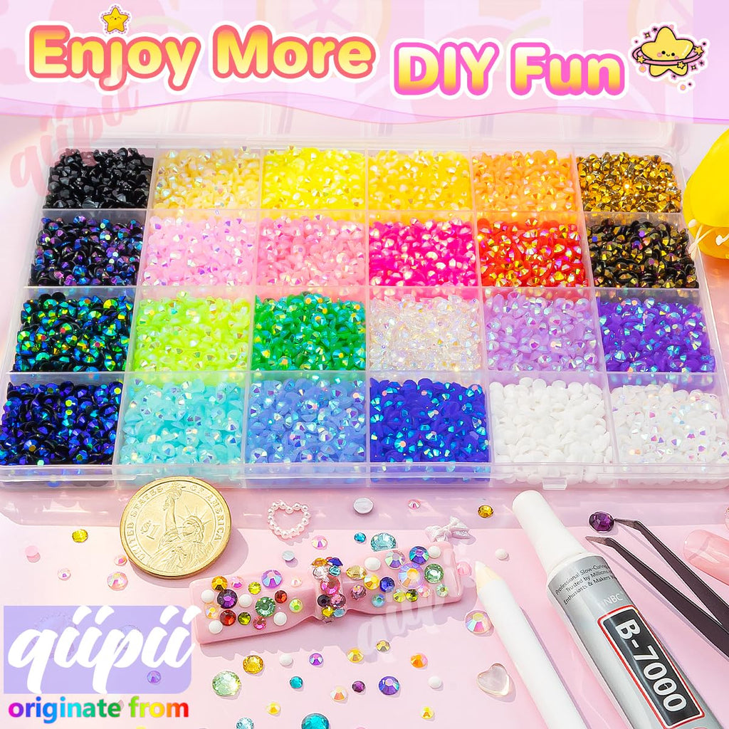 qiipii 24 Color Jelly Resin Rhinestones – 7200pcs, 4mm Flatback AB Gems for DIY Crafts