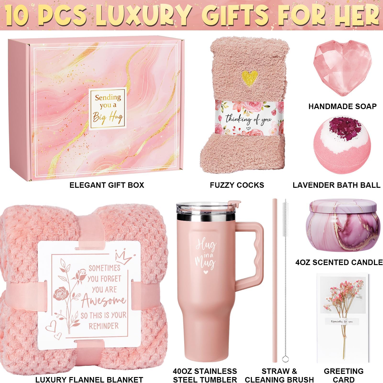 Qinline Birthday Gifts for Women – Spa Kit, Get Well Soon Gift Basket, Rose Relaxation Set with 40 oz Tumbler