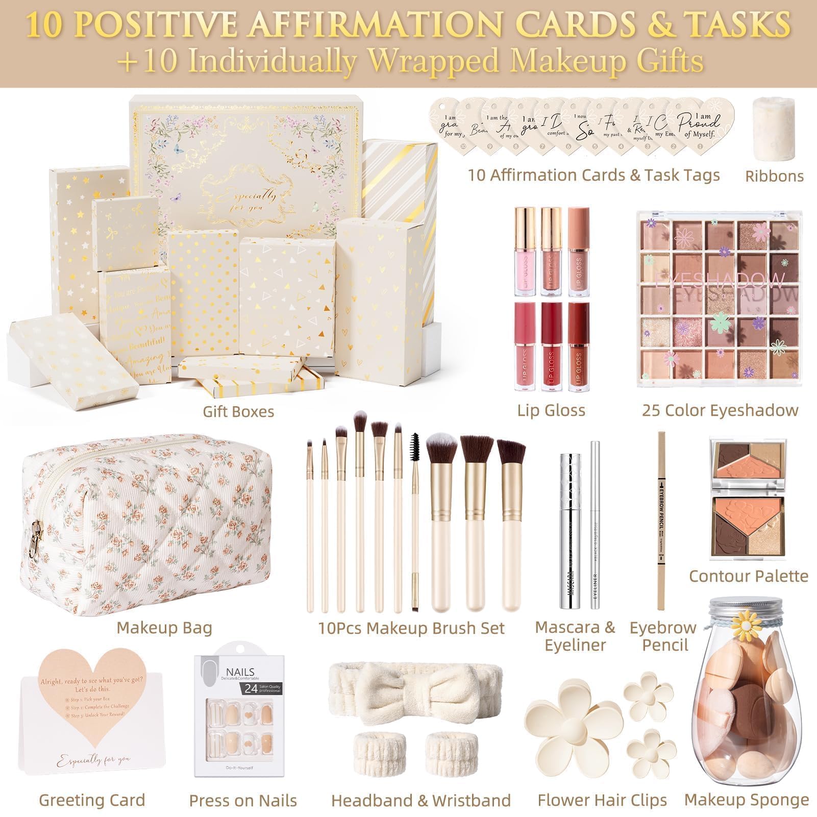 Qinline Teen Girl Gifts – Trendy Makeup Gift Set with 10 Affirmations & Empowering Challenges