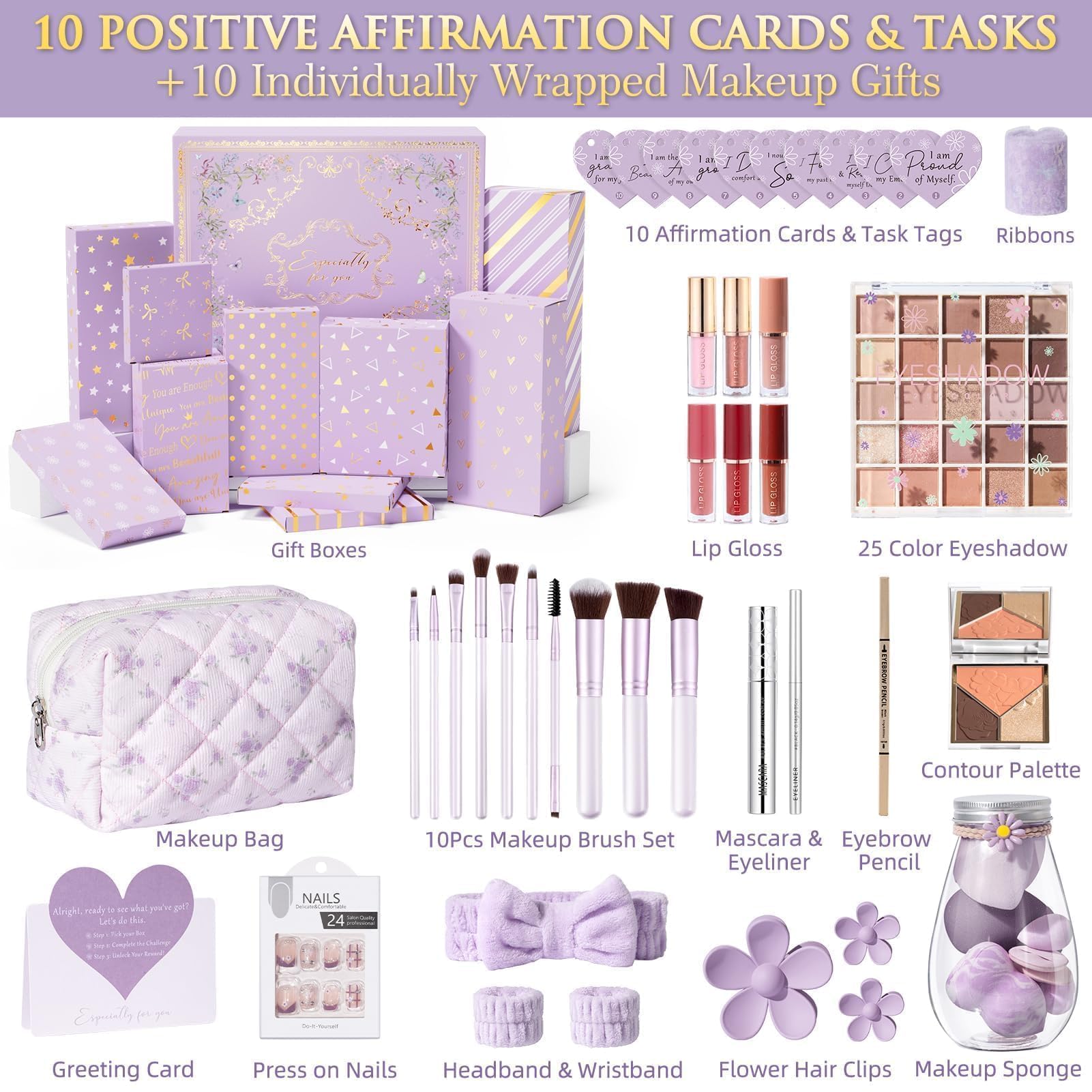Qinline Teen Girl Gifts: 10 Positive Affirmation Cards & Empowering Makeup Gift Set
