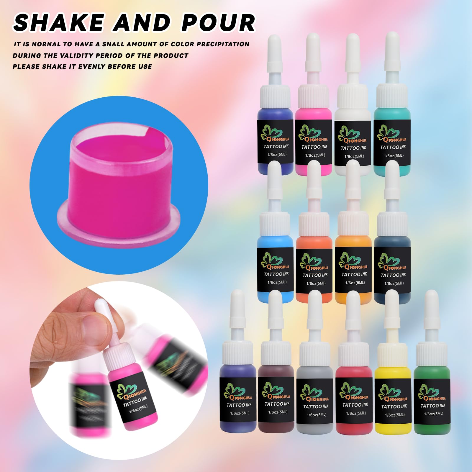 QIONGHUA Tattoo Ink Set - 14 Colors, 5ml Bottles | Professional Tattoo Kit