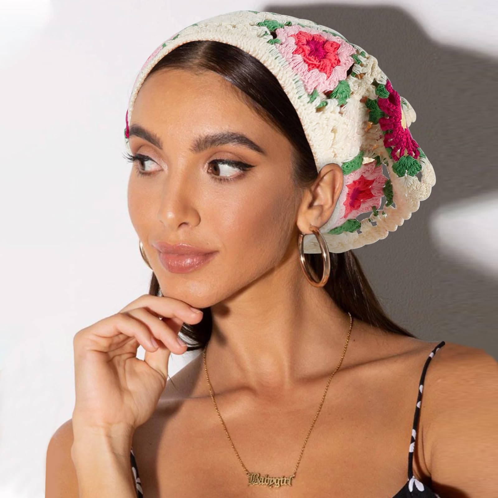 Qlauca 3PCS Crochet Bandanas for Women – Handmade Cotton Head Scarves, Floral Knit