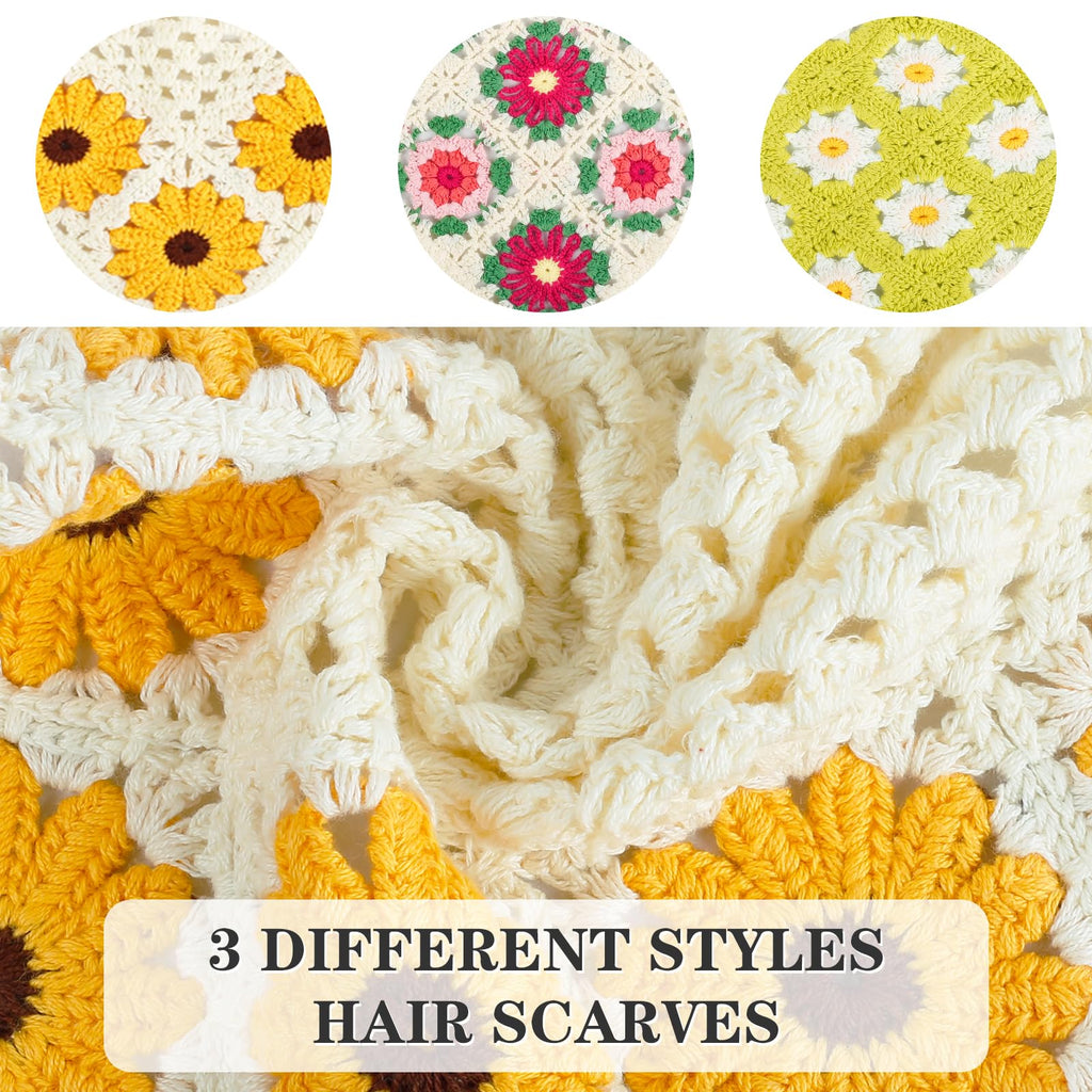 Qlauca 3PCS Crochet Bandanas for Women – Handmade Cotton Head Scarves, Floral Knit