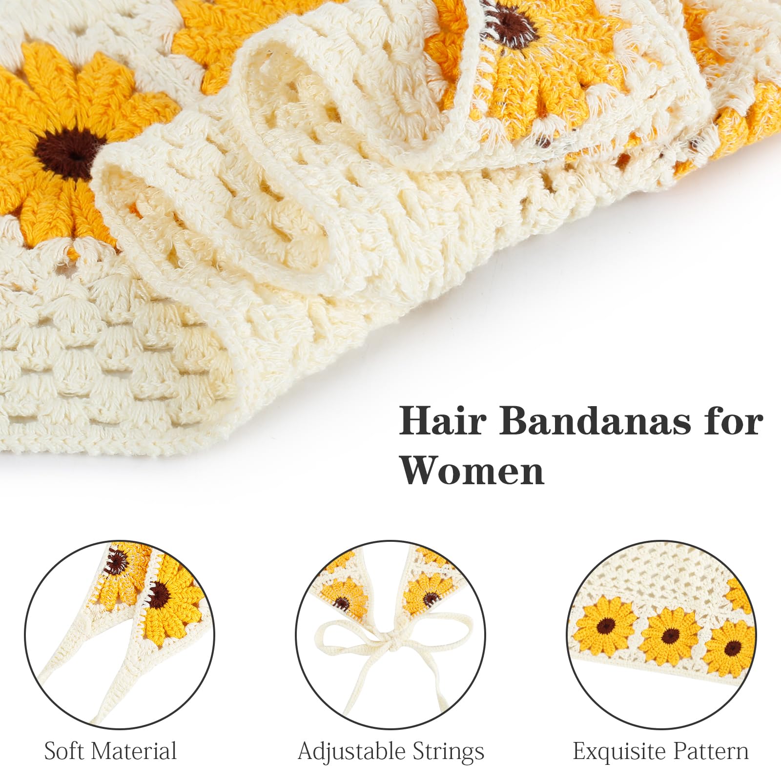 Qlauca 3PCS Crochet Bandanas for Women – Handmade Cotton Head Scarves, Floral Knit
