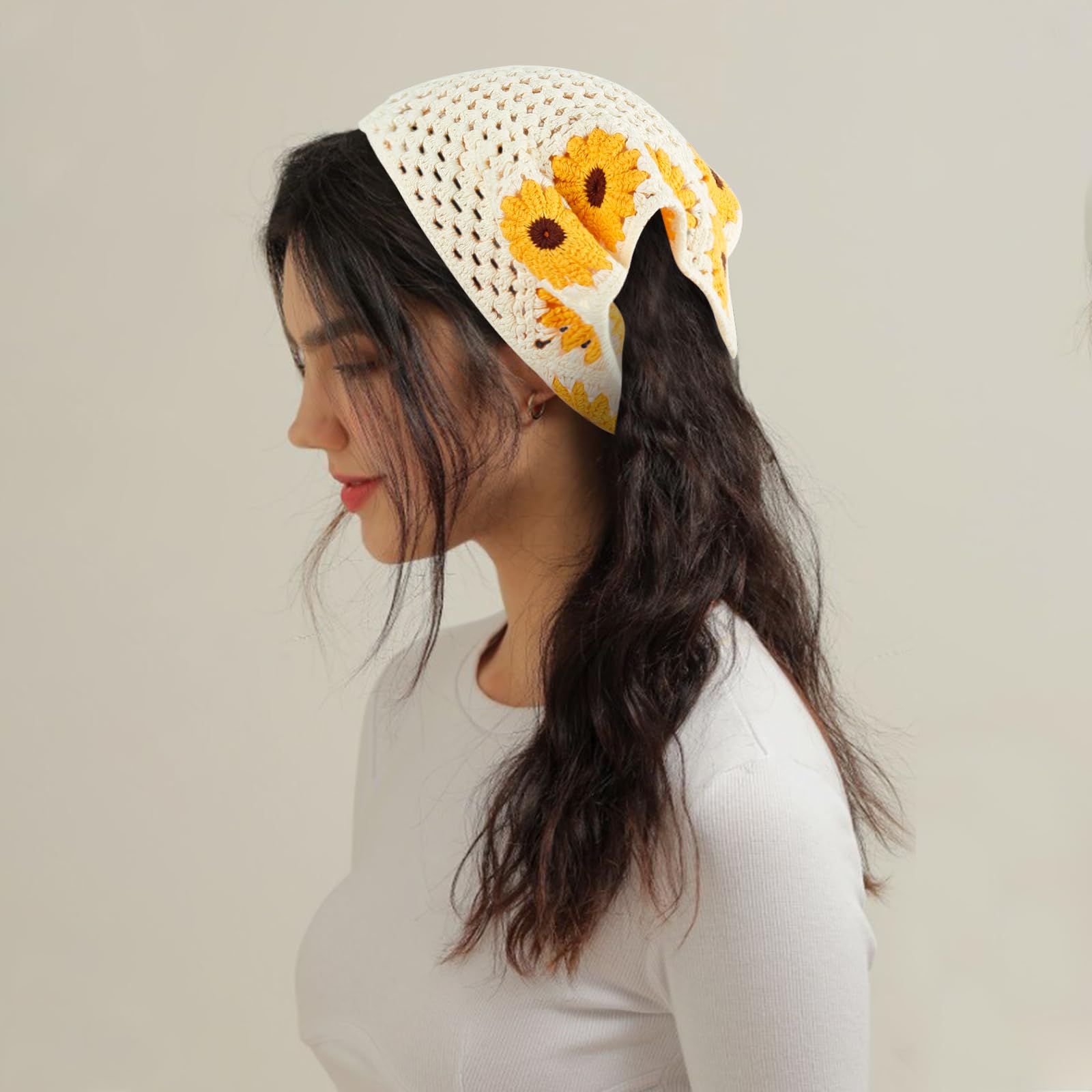 Qlauca 3PCS Crochet Bandanas for Women – Handmade Cotton Head Scarves, Floral Knit