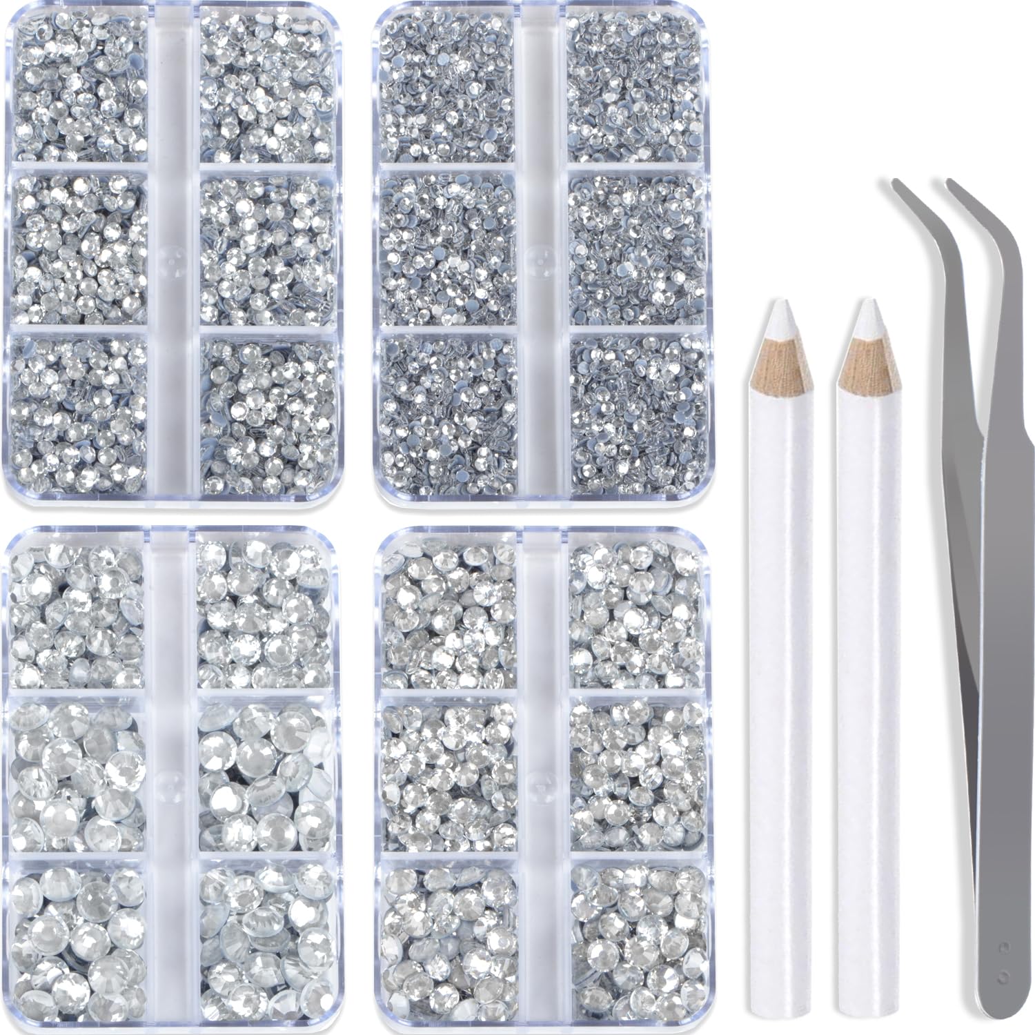 QOGIR 10000 Pieces Mixed Size Clear Hotfix Rhinestones – 4 Boxes with Tweezers & Picking Pen