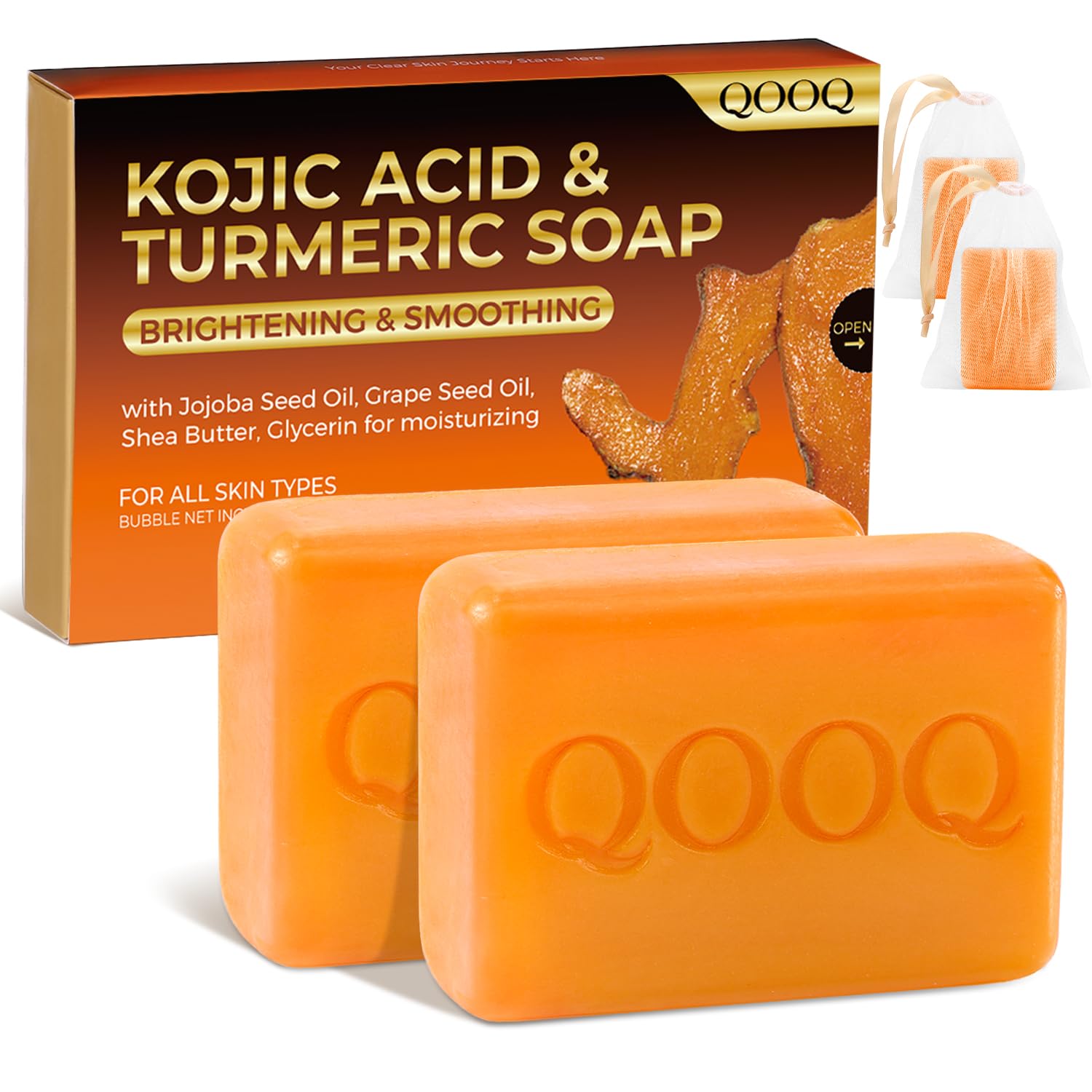 QOOQ Turmeric Kojic Acid Soap – Brightening Face & Body Wash with Vitamin C & E (120g x 2)